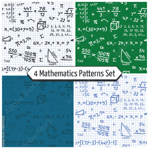 Mathematics Patters Set - 4 Math Patterns of Accounts and Symbols on School Green Blackboard, Squared Paper Sheet and Blue Backgrounds. Seamless Link. photo