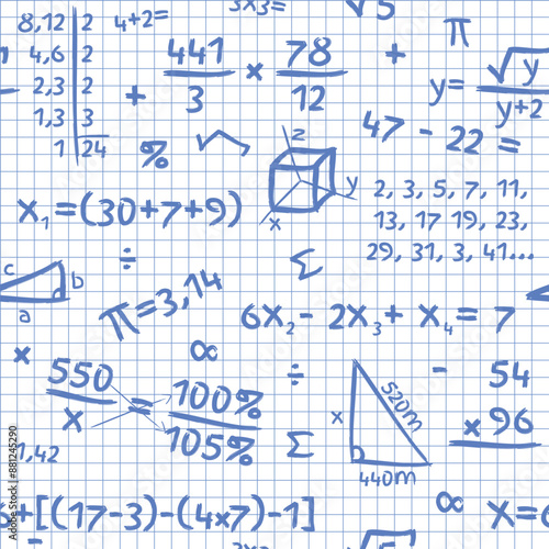 Mathematics Pattern - Mathematical Accounts and Symbols Written with Blue Pen on Squared Paper Sheet Background. Seamless Link.