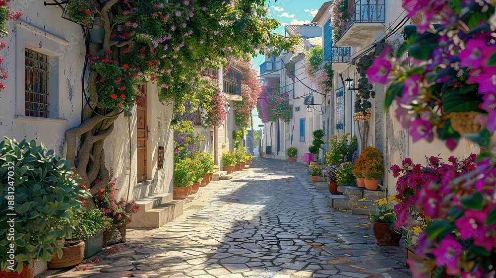 Beautiful old colorful flower street with white houses and blue doors in a European city. AI generated illustration Beautiful old colorful flower street with white houses and blue doors in a European city. AI generated illustration