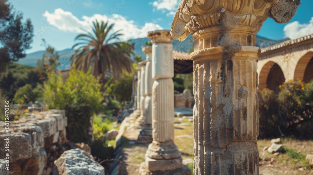 Obraz premium A row of stone pillars with palm trees in the background, suitable for architectural or landscape design use
