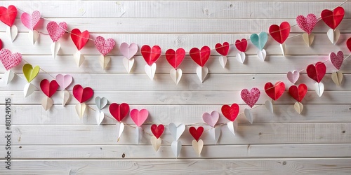 Vibrant paper hearts in a whimsical garland adorn a pristine white wall, perfect for Valentine's Day, birthday, wedding, or anniversary celebrations, with ample copy space. photo