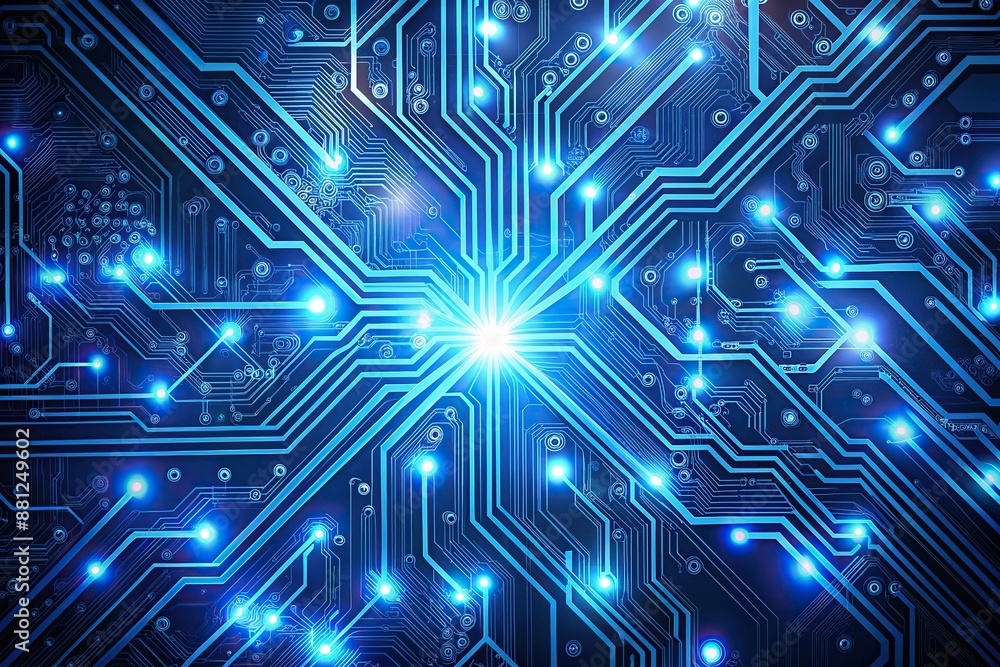 Vibrant blue digital circuit pattern with intricate wires, microchips, and glowing connections, perfect for futuristic technology and web design backgrounds. Vibrant blue digital circuit pattern with intricate wires, microchips, and glowing connections, perfect for futuristic technology and web design backgrounds.
