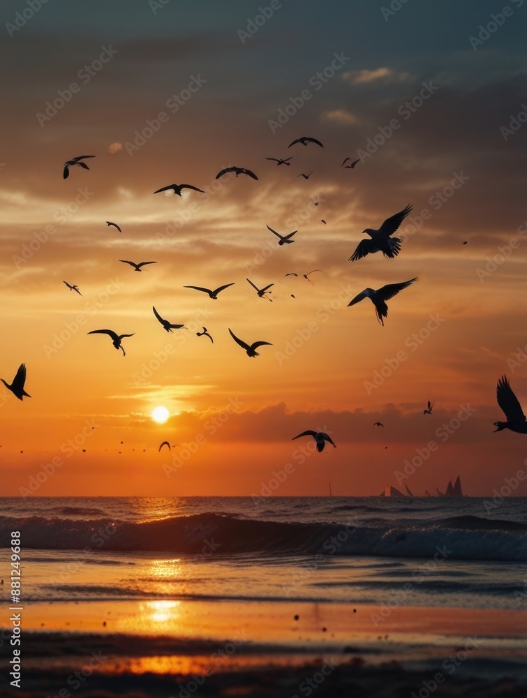 Silhouette bird at the beach in the sunset Silhouette bird at the beach in the sunset
