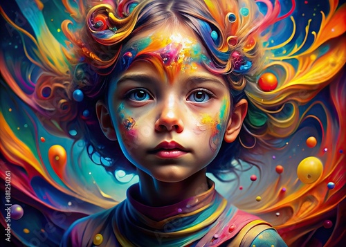 Wallpaper Mural Vibrant hues explode from a 3D child's face, surrounded by swirling brushstrokes and abstract shapes, creating a mesmerizing, playful, and imaginative digital artwork. Torontodigital.ca