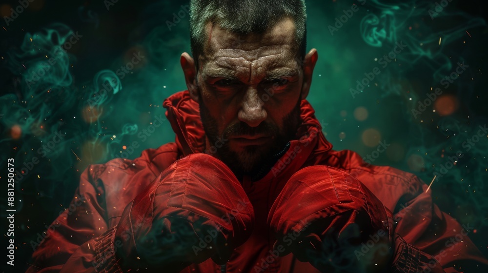 Fototapeta premium Anger and defiance, fists clenched, intense gaze, determined boxer