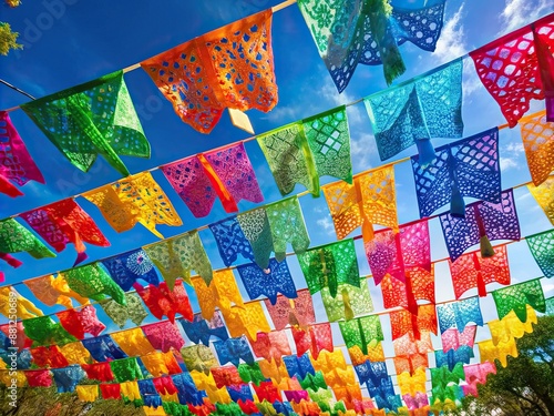 Vibrant colorful papel picado tissue paper banners hang suspended in mid-air, fluttering gently, awaiting festive Cinco de Mayo celebration, against bright blue clear sky background.