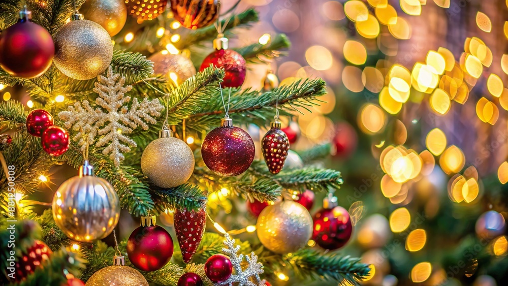 Vibrant closeup of a lavishly decorated Christmas tree with sparkling ornaments, glimmering tinsel, and soft fairy lights amidst a blurred festive background. Vibrant closeup of a lavishly decorated Christmas tree with sparkling ornaments, glimmering tinsel, and soft fairy lights amidst a blurred festive background.