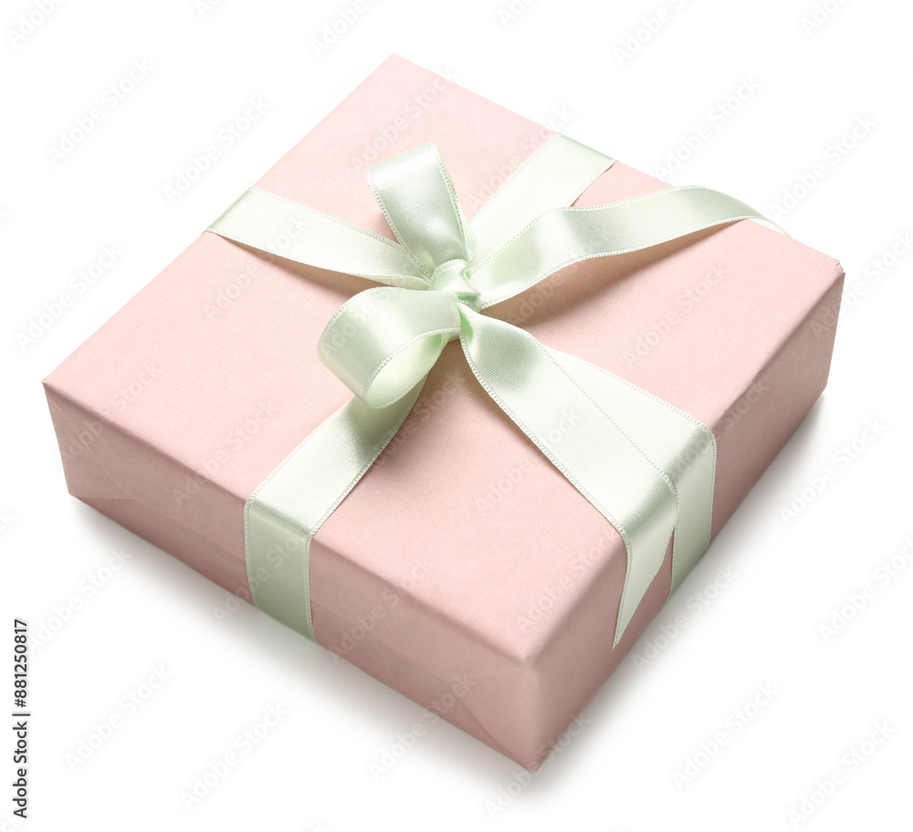 Obraz premium Pink gift box on white background. International Women's Day