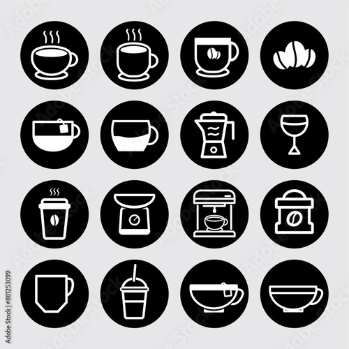 Coffee set icons editable strok. Beans, hot cocktail and coffee maker machine. Espresso cup, cappuccino line icons. Latte vending machine and roasted beans. Linear set. Vector