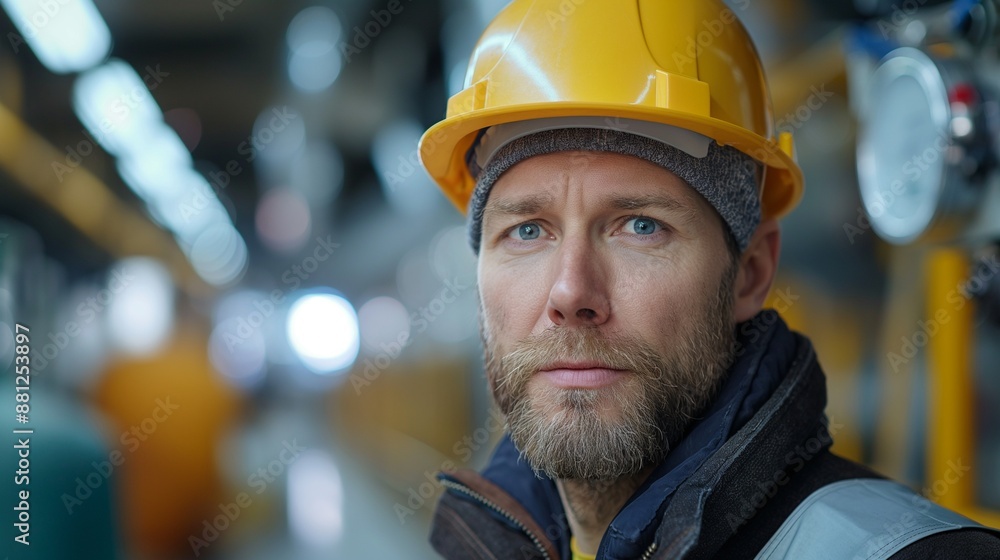 Focused electrician in a yellow hard hat, working in a brightly lit industrial environment. Focused electrician in a yellow hard hat, working in a brightly lit industrial environment.