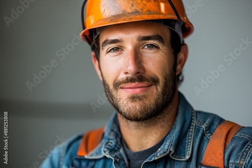 Portrait of a confident electrician in a safety helmet, exuding reliability and competence. Great for professional and safety-focused content.