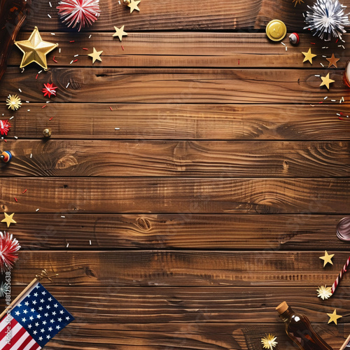 Fourth of july top down table decorations with stripes and stars flag on dark wooden table with empty copy space.