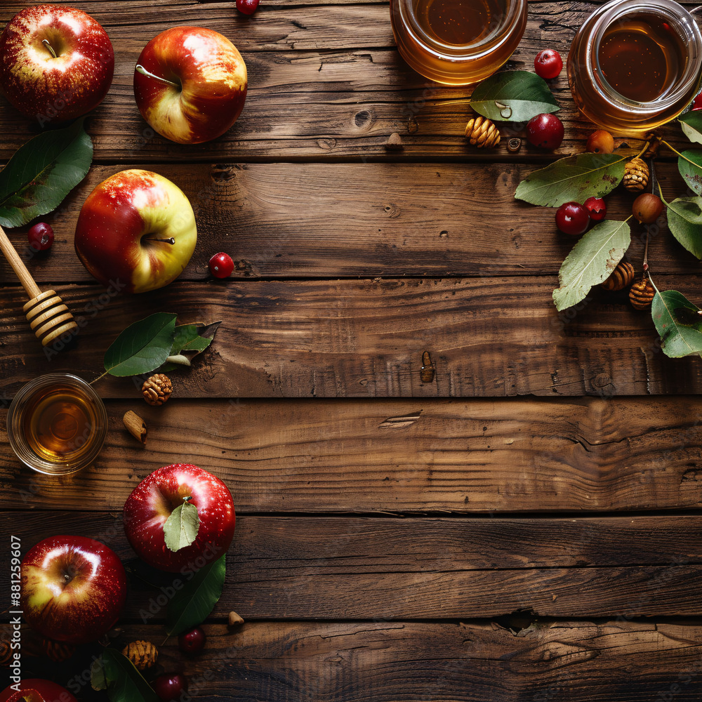 Rosh Hashanah Banner texture with Apples and Honey Top Down with Emtpy Copy Space. Rosh Hashanah Banner texture with Apples and Honey Top Down with Emtpy Copy Space.