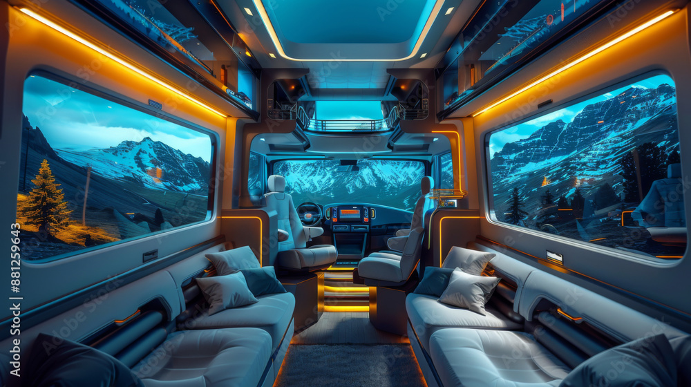 Modern luxury camper interior with panoramic mountain views, featuring comfortable seating and ambient lighting. Modern luxury camper interior with panoramic mountain views, featuring comfortable seating and ambient lighting.