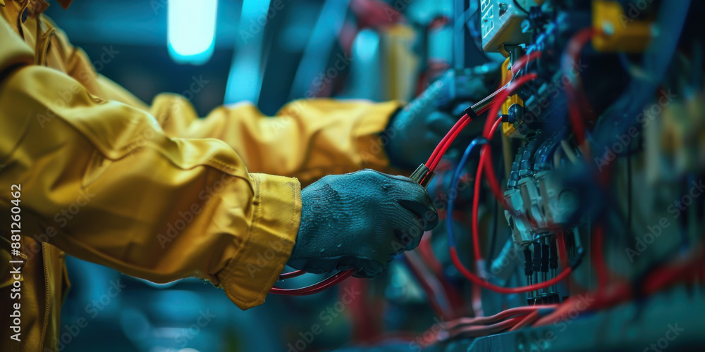 Close-up of a technician's hands connecting red wires in an industrial setting, wearing yellow protective clothing and gloves. Close-up of a technician's hands connecting red wires in an industrial setting, wearing yellow protective clothing and gloves.