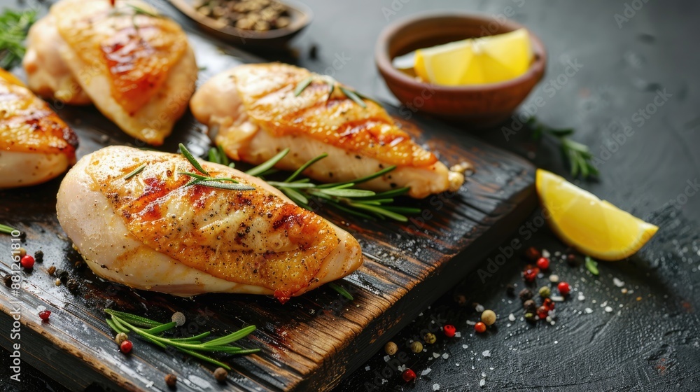 Fresh chicken breast meat with skin on cutting board in kitchen Fresh chicken breast meat with skin on cutting board in kitchen