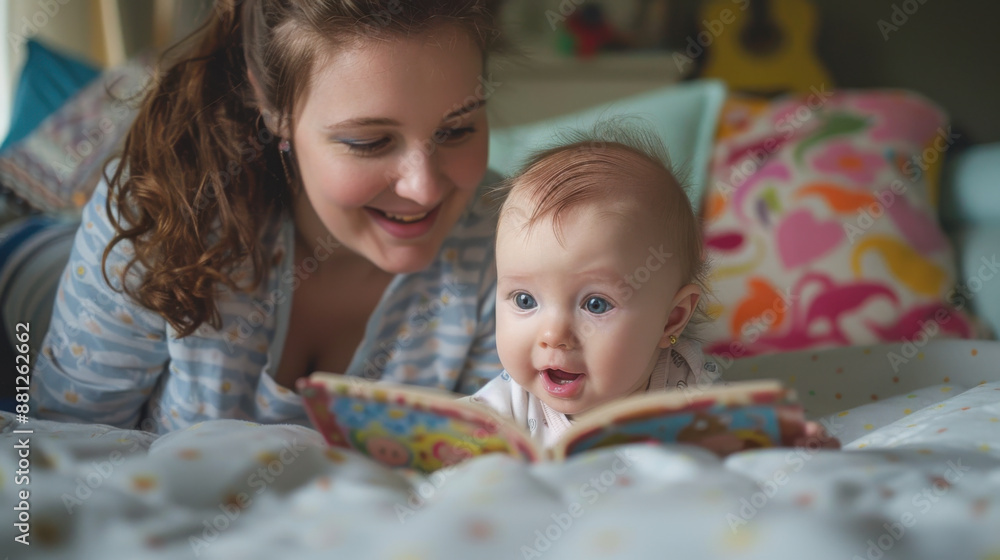 A mother and her baby enjoy reading a colorful book together while lying on a cozy bed. A mother and her baby enjoy reading a colorful book together while lying on a cozy bed.
