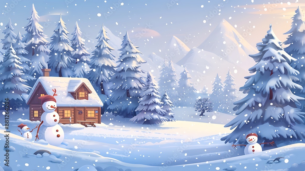 Fototapeta premium Snowy Cabin with Snowmen in Winter Forest