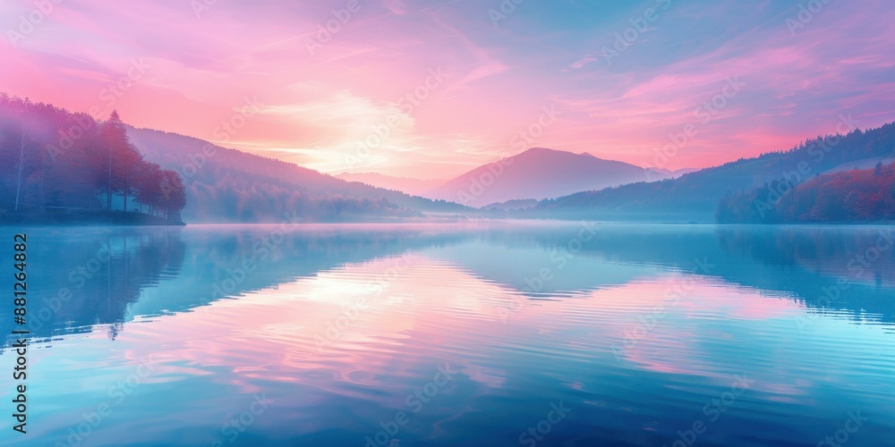 A beautiful landscape image of a lake and mountains in the distance. AI.