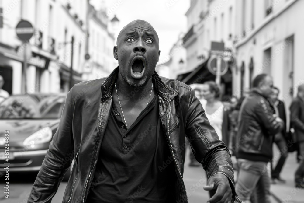 A man in a black jacket standing on the street with his mouth open. AI. A man in a black jacket standing on the street with his mouth open. AI.