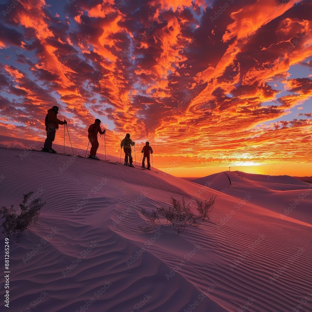 A group of people on skis standing in the sand at sunset. AI. A group of people on skis standing in the sand at sunset. AI.