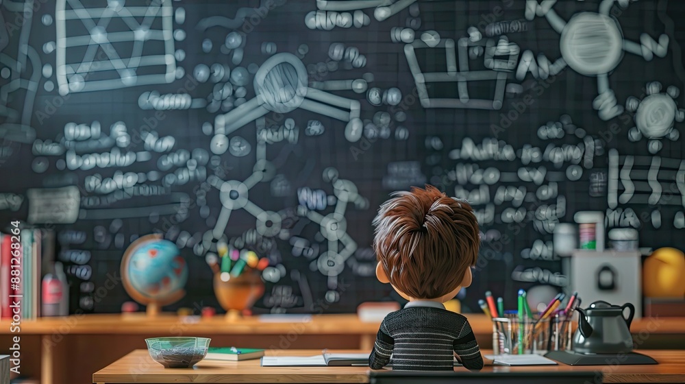 Little boy sitting at desk in front of blackboard full of complicated math equations. Little boy sitting at desk in front of blackboard full of complicated math equations.