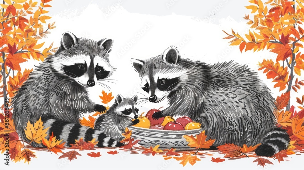 Fototapeta premium Raccoons in the fall leaves