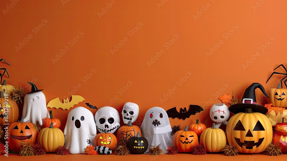 This is a stock photo of some Halloween decorations. There are some ghosts, pumpkins, and a witch hat. The background is orange. This is a stock photo of some Halloween decorations. There are some ghosts, pumpkins, and a witch hat. The background is orange.