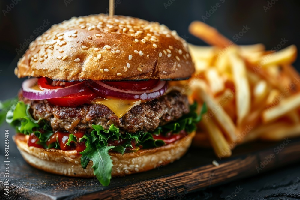 Close-up of a freshly cooked tasty hamburger with greens and fries, ideal for advertising food delivery apps, recipe website or articles about the harm of fast food Close-up of a freshly cooked tasty hamburger with greens and fries, ideal for advertising food delivery apps, recipe website or articles about the harm of fast food
