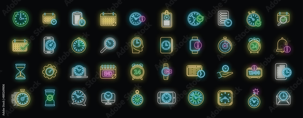 Fototapeta premium Duration icons set outline vector. Future time. Present year neon color on black