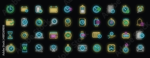 Duration icons set outline vector. Future time. Present year neon color on black
