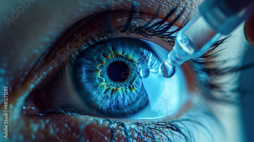 close up shot of an eye drop bottle over the eye
