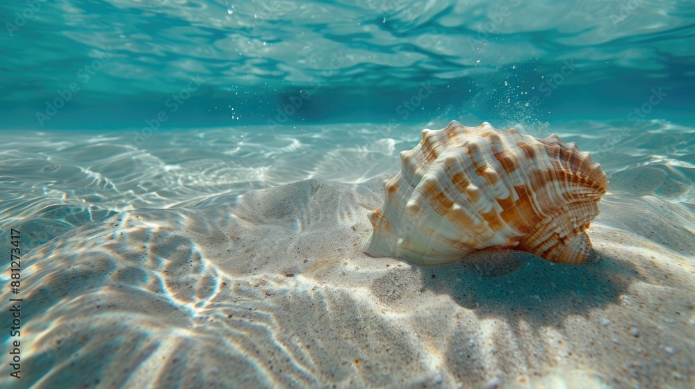 Sea mollusc shell rests on sandy shallow waters clear water Unrest diverges from sink water Sea mollusc shell rests on sandy shallow waters clear water Unrest diverges from sink water