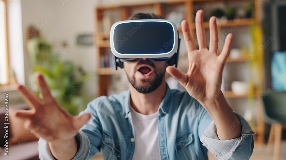 man in VR glasses, trying to touch virtual reality man in VR glasses, trying to touch virtual reality