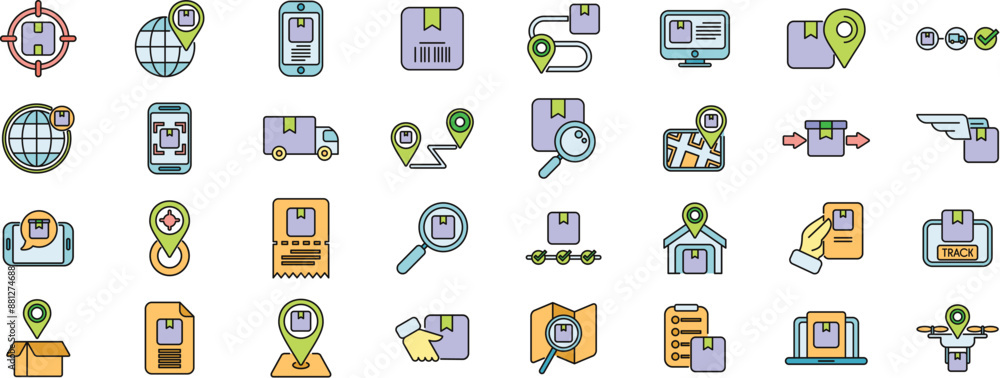 Parcel tracking icons set outline vector. Ship logistic. Delivery storage thin line color flat on white Parcel tracking icons set outline vector. Ship logistic. Delivery storage thin line color flat on white