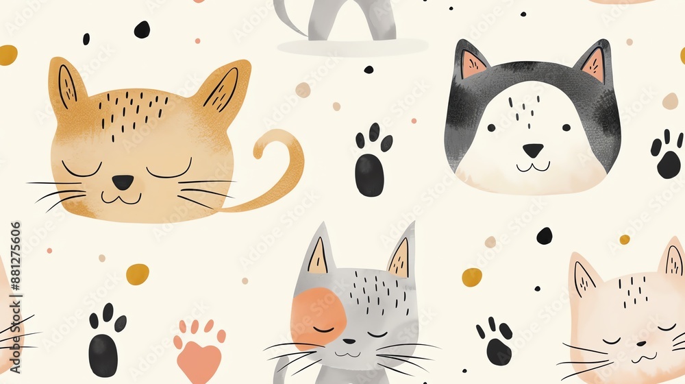 Seamless pattern with cute cartoon cats and paw prints, perfect for fabric, wallpaper, and children's products. Seamless pattern with cute cartoon cats and paw prints, perfect for fabric, wallpaper, and children's products.