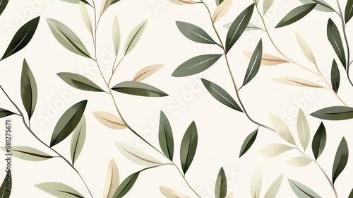 Seamless botanical pattern with elegant green leaves on a light background, perfect for fabric and wallpaper designs. © CHOI POO