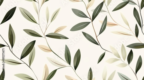 Seamless botanical pattern with elegant green leaves on a light background, perfect for fabric and wallpaper designs.