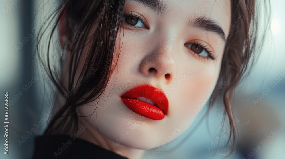 A fashion photography shot of a model wearing red lipstick, her lips standing out against her minimalist makeup and monochrome outfit. A fashion photography shot of a model wearing red lipstick, her lips standing out against her minimalist makeup and monochrome outfit.