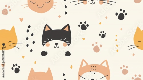 Cute seamless pattern with various cat faces and paw prints, perfect for children's textiles, wallpapers, and backgrounds. © CHOI POO