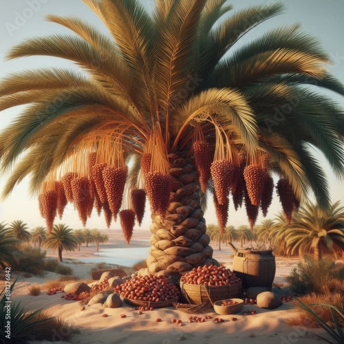 Date palm tree with bunches of ripe dates photo