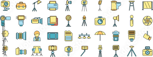 Photo studio icons set outline vector. Camera card. Video equipment thin line color flat on white