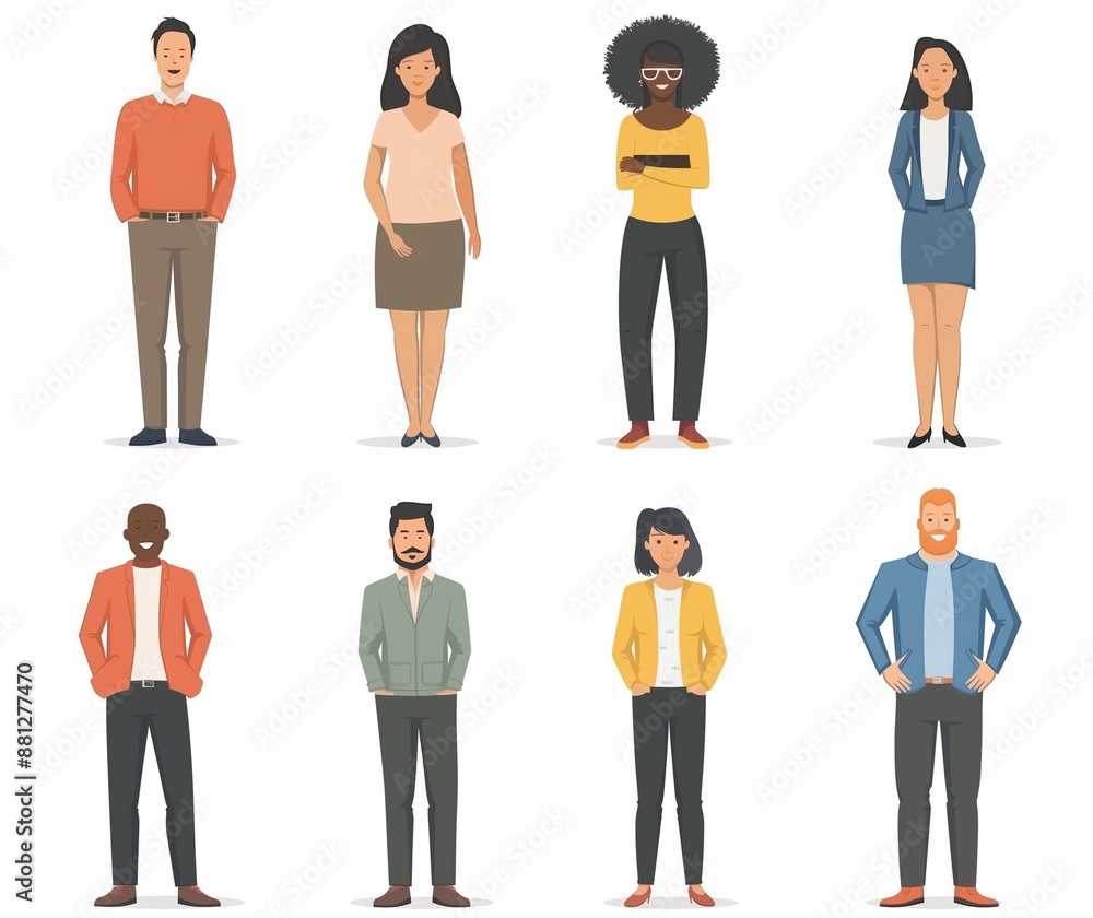 Fototapeta premium Diverse Business Team Illustration, Professional Men and Women in Office Attire - Cartoon Style.