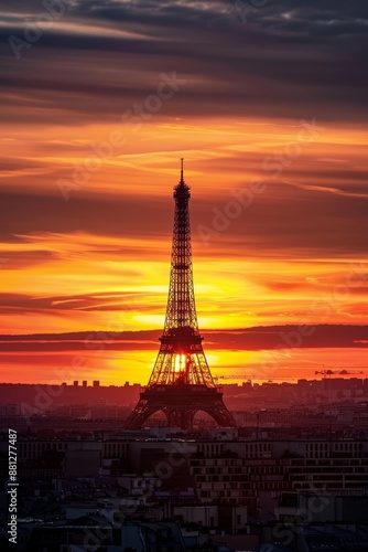 Iconic eiffel tower silhouetted stunning paris skyline panorama in the evening glow