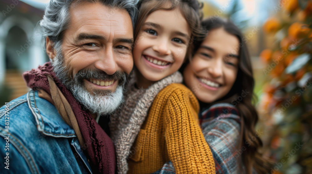 Close-up of a happy family with grandfather, mother, and daughter, smiling warmly outdoors in a park during autumn. Close-up of a happy family with grandfather, mother, and daughter, smiling warmly outdoors in a park during autumn.