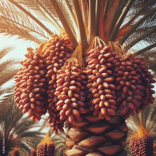 Date palm tree with bunches of ripe dates photo