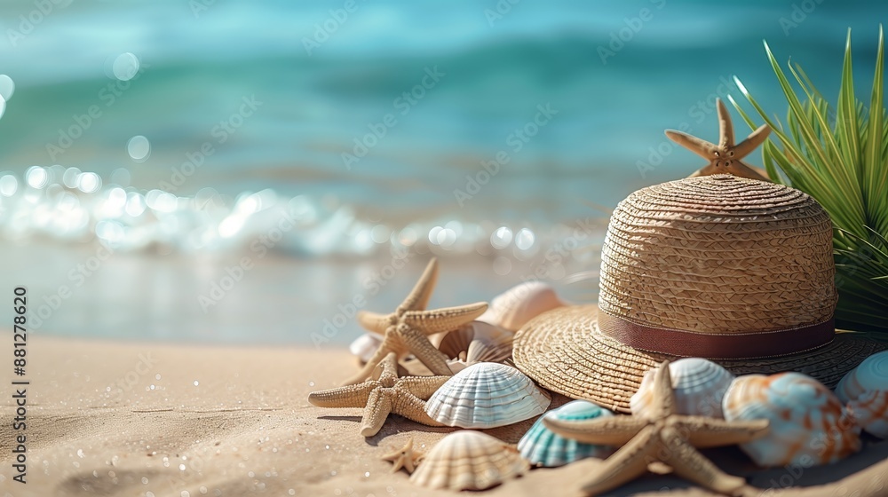 Serene beach scene with starfish and seashells on sandy shore, clear blue water, and tropical foliage on a sunny day - concept of travel and relaxation. Serene beach scene with starfish and seashells on sandy shore, clear blue water, and tropical foliage on a sunny day - concept of travel and relaxation.