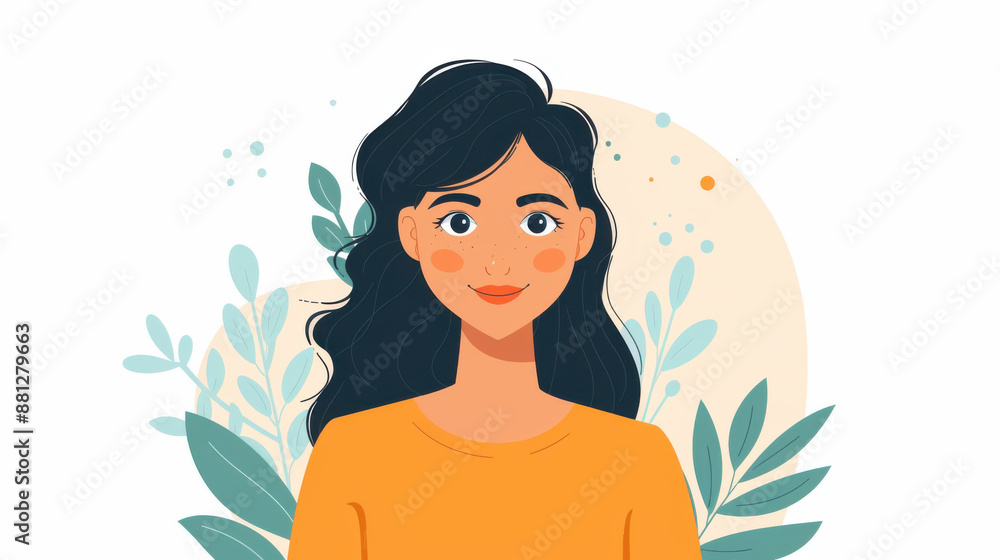 A digital illustration featuring a smiling woman with long dark hair, wearing an orange shirt, against a floral background. A digital illustration featuring a smiling woman with long dark hair, wearing an orange shirt, against a floral background.