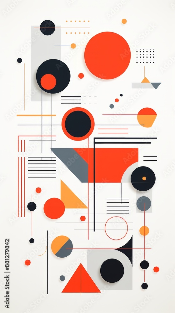Abstract geometric shapes, including circles, squares, and triangles, are arranged on a white background, creating a modern and visually appealing design