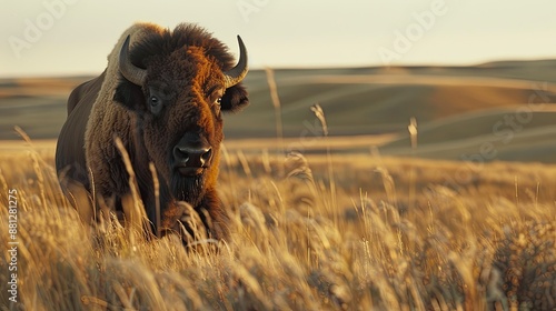 A buffalo is walking through a field of tall grass. The buffalo is brown and has a large horn on its head. The field is dry and brown, with no signs of life